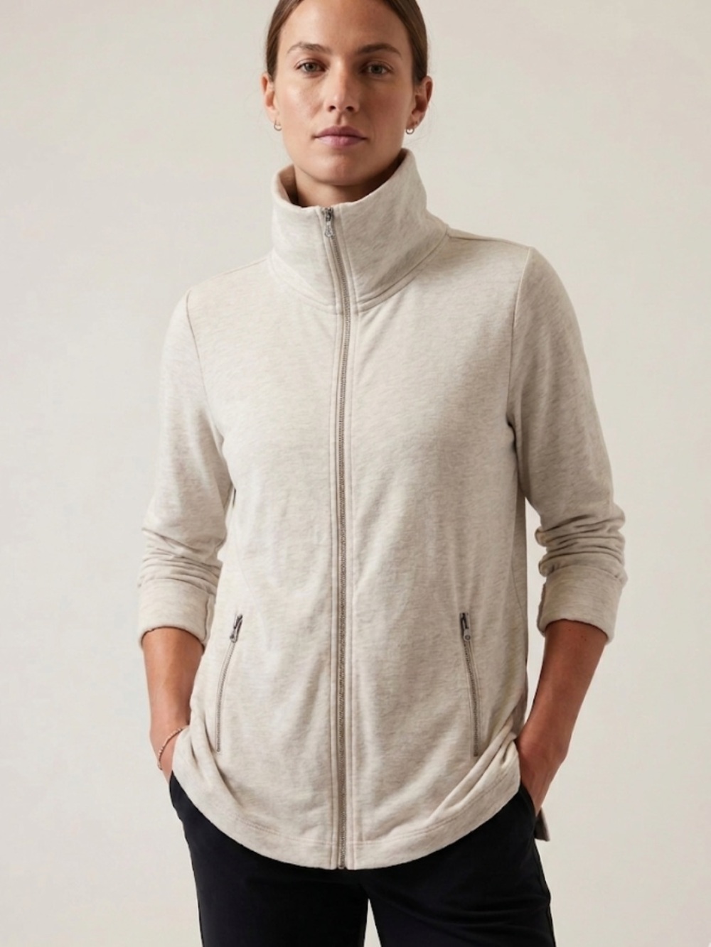 J. Jill Fit Oatmeal Light Beige High Collar Zip Up Sweater Jacket